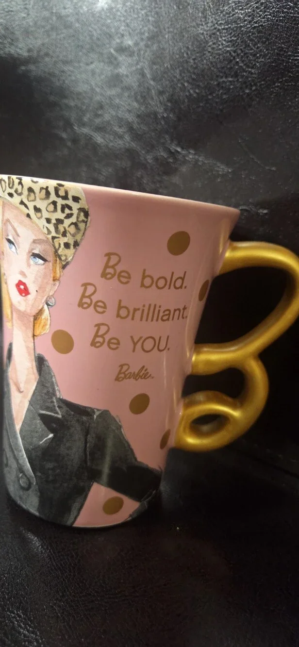 Hallmark Barbie Pink Ceramic Mug Gold Handle 2016 - Used